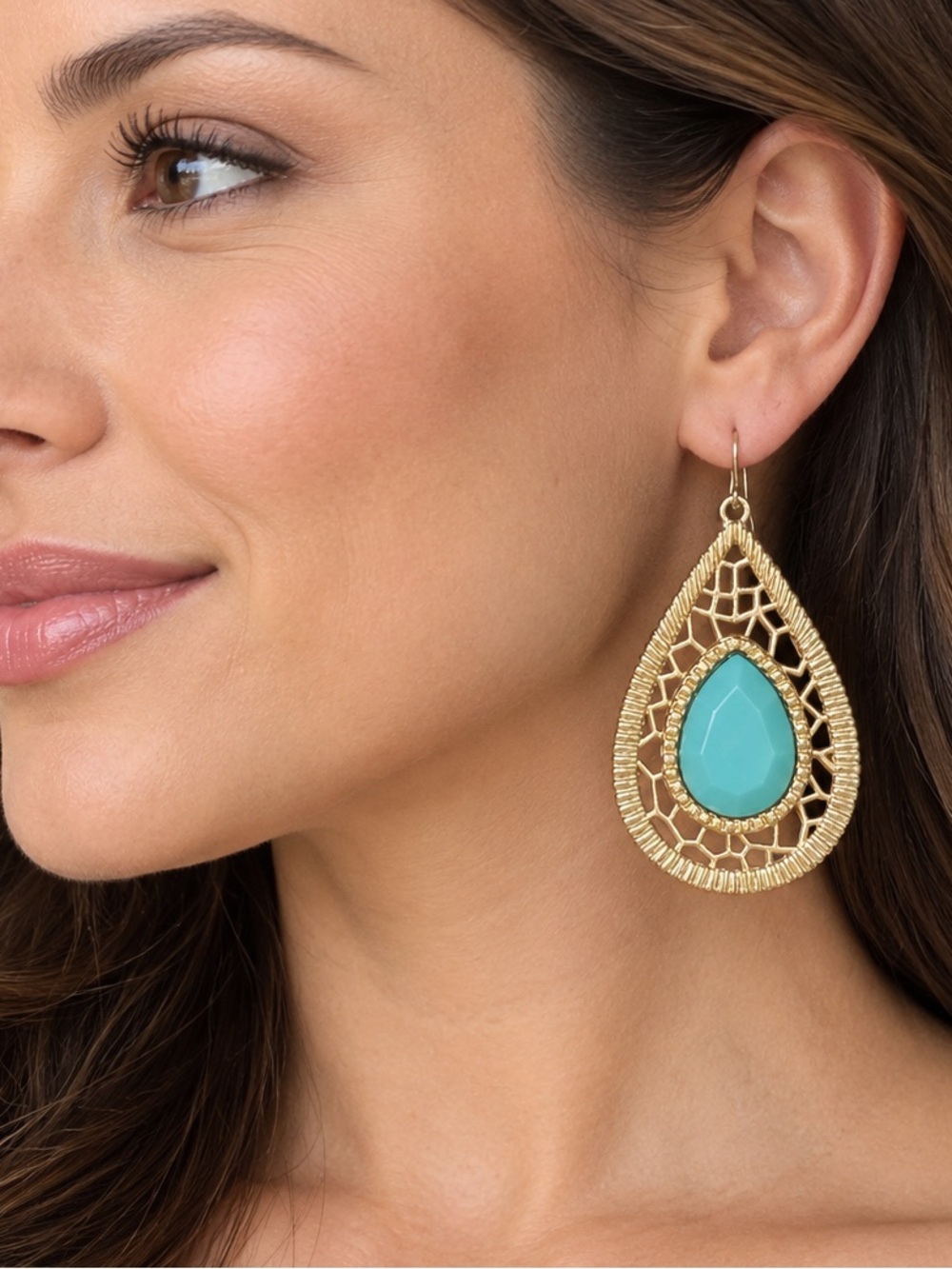 Gold Tone Turquoise Teardrop Filigree Statement Earrings Boho